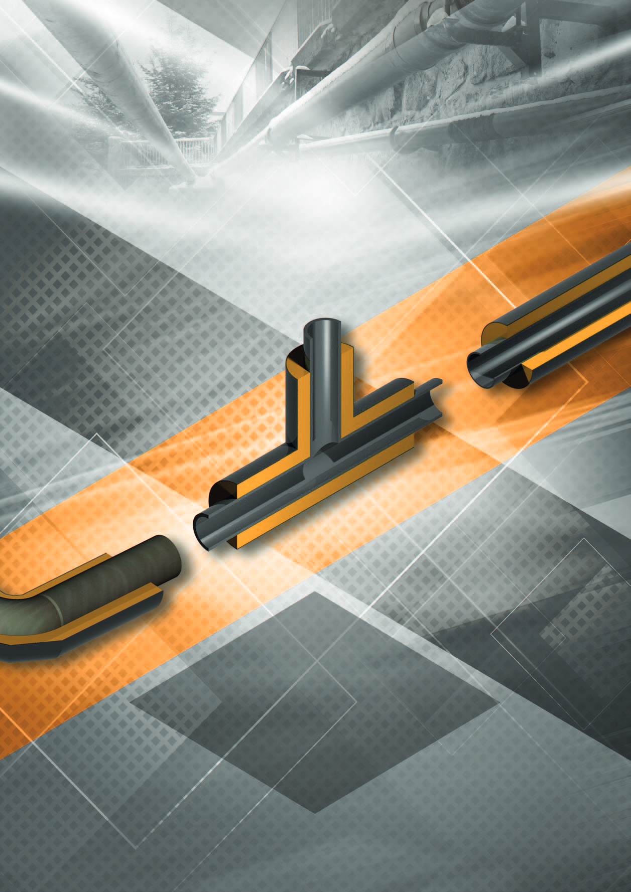 Cutaway render of TERMOTECH pre-insulated fittings — carrier pipe, PUR foam, outer casing